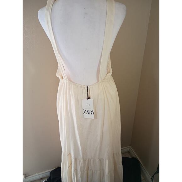 Zara Maxi Dress Beige Tiered Sleeveless Backless Sz L Beach Festival - Picture 6 of 14